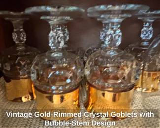 Vintage GoldRimmed Crystal Goblets with BubbleStem Design