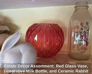 Estate Decor Assortment Red Glass Vase, Decorative Milk Bottle, and Ceramic Rabbit