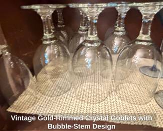 Vintage GoldRimmed Crystal Goblets with BubbleStem Design fifth image