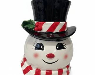 Houston Harvest Ceramic Snowman Cookie Jar with Black Top Hat and Candy Cane Scarf