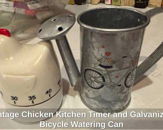 Vintage Chicken Kitchen Timer and Galvanized Bicycle Watering Can