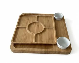 Bamboo Divided Appetizer Serving Tray with Ceramic Bowls and Lid