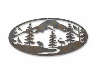 Oval Mountain Scene Metal Wall Art with Wolf, Bear, Elk, and Birds