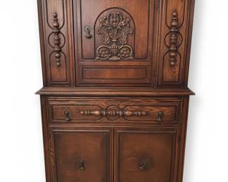 Jacobean Revival Carved Oak Bar Cabinet