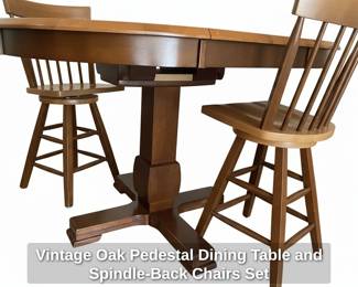 Vintage Oak Pedestal Dining Table and SpindleBack Chairs Set third image
