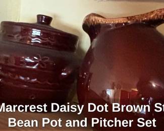 Vintage Marcrest Daisy Dot Brown Stoneware Bean Pot and Pitcher Set