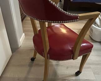 Vintage Burgundy Vinyl Captains Chair with Nailhead Trim and Casters fourth image