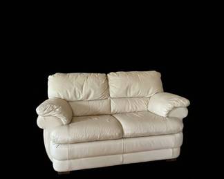 OffWhite Leather Loveseat, Transitional Floor Lamp, and Forest Scene Wall Art