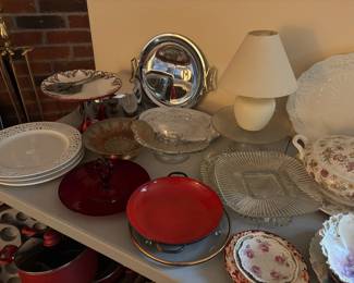 Vintage and misc serving plates, cake stands, etc