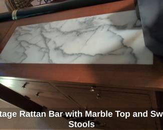 Vintage Rattan Bar with Marble Top and Swivel Stools third image