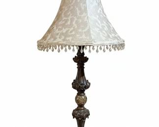 Ornate Metal Table Lamp with Crystal Fringe Shade and Damask Pattern