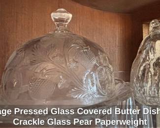 Vintage Pressed Glass Covered Butter Dish and Crackle Glass Pear Paperweight fourth image