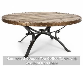 Hammered Copper Top Coffee Table with Wrought Iron Base third image