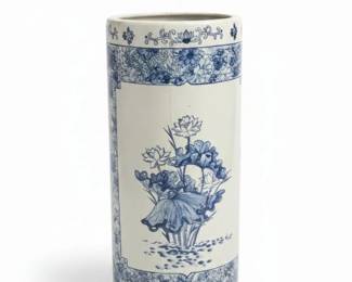 Blue and White Porcelain Lotus Motif Umbrella Stand with Crack