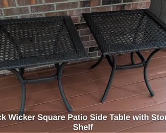 Black Wicker Square Patio Side Table with Storage Shelf