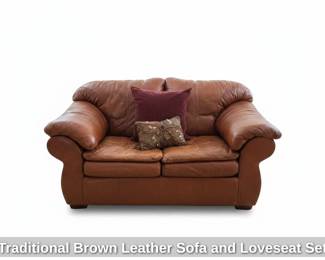 Traditional Brown Leather Sofa and Loveseat Set second image