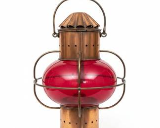Vintage Copper Onion Ship Lantern with Red Glass Globe