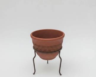 Terracotta FernImprint Planter with Wrought Iron Stand
