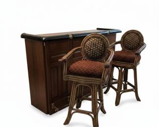 Vintage Rattan Bar with Marble Top and Swivel Stools