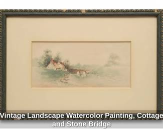 Vintage Landscape Watercolor Painting, Cottage and Stone Bridge