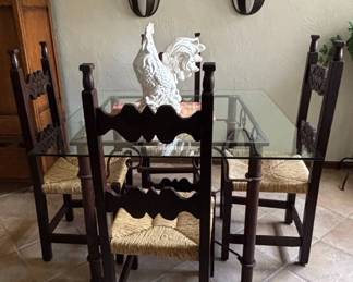 Spanish Revival Wrought Iron and Glass Dining Set with Ladderback Chairs