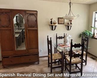 Spanish Revival Dining Set and Mirrored Armoire