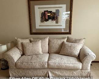Ethan Allen Off White Damask Upholstered Rolled Arm Sofa