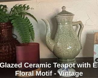 Celadon Glazed Ceramic Teapot with Embossed Floral Motif Vintage