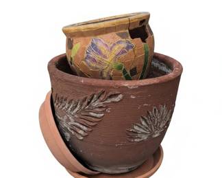 Mosaic Iris and Fern Relief Terracotta Garden Planters