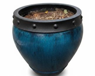 Large Teal Blue Glazed Ceramic Planter with Studded Band