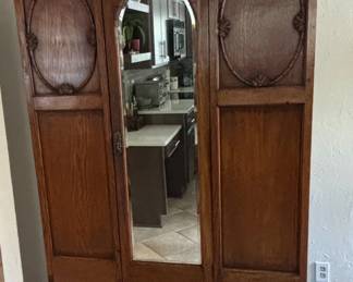 Antique Oak Arts and Crafts Style TripleDoor Wardrobe with Arched Mirror