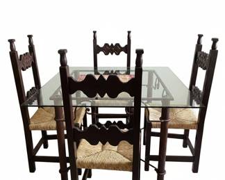 Spanish Revival Wrought Iron and Glass Dining Set with Ladderback Chairs second image