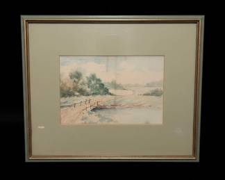 Vintage Landscape Watercolor with Bridge