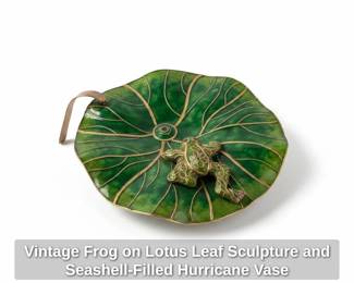 Vintage Frog on Lotus Leaf Sculpture and SeashellFilled Hurricane Vase