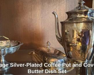 Vintage SilverPlated Coffee Pot and Covered Butter Dish Set