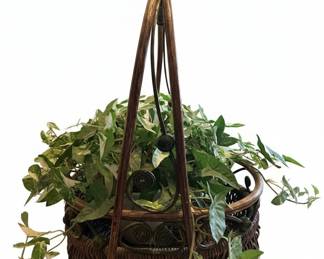Vintage Wicker Handle Basket with Wrought Iron Stand