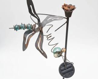 Rusty Metal Dragonfly Garden Stake with Glass Beads and Solar Light