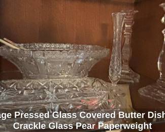 Vintage Pressed Glass Covered Butter Dish and Crackle Glass Pear Paperweight