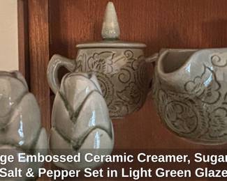 Vintage Embossed Ceramic Creamer, Sugar, and Salt Pepper Set in Light Green Glaze