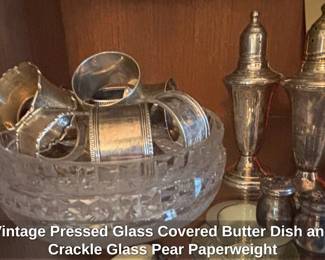 Vintage Pressed Glass Covered Butter Dish and Crackle Glass Pear Paperweight third image