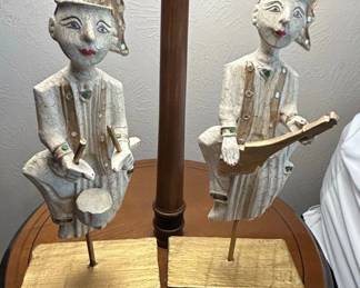 Vintage Pair Thai Hand Carved Painted Wood Musician Figures