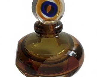 Fifth Avenue Crystal Amber and Blue Art Glass Perfume Bottle with Bullseye Stopper