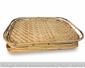 Vintage Woven Bamboo Serving Trays Set of