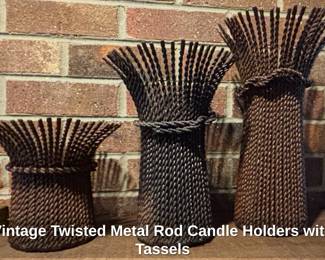 Vintage Twisted Metal Rod Candle Holders with Tassels