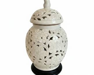 White Ceramic Reticulated Floral Ginger Jar with Wooden Base