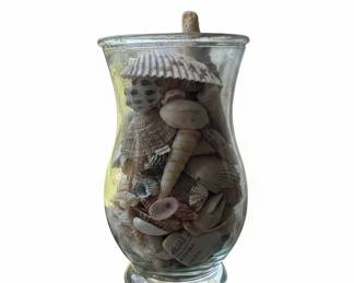 Vintage Frog on Lotus Leaf Sculpture and SeashellFilled Hurricane Vase second image