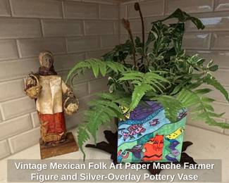 Vintage Mexican Folk Art Paper Mache Farmer Figure and SilverOverlay Pottery Vase