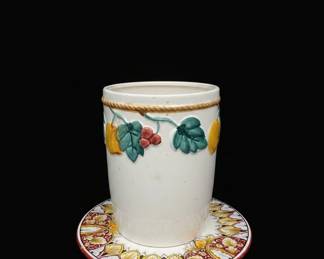 Italian Ceramic Utensil Holder and Plate Set with Fruit and Geometric Motifs second image