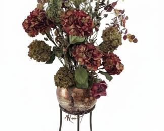 Artificial Hydrangea and Mum Floral Arrangement in Hammered Metal Bowl