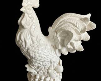 Large White Glazed Ceramic Rooster Figurine with Fruit Base